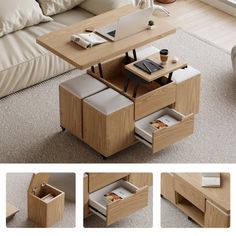 the table is made out of wood and has drawers on each side, with an open laptop