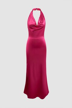 Fitted Halter Neck Evening Dress For Wedding, Backless Bridesmaid Dress For Formal Occasions, Formal Pink Halter Neck Evening Dress, Pink Halter Neck Formal Evening Dress, Fitted Satin Backless Bridesmaid Dress, Elegant Pink Satin Backless Dress, Satin Halter Neck Backless Wedding Dress, Satin Backless Halter Neck Wedding Dress, Backless Satin Dress For Wedding And Prom