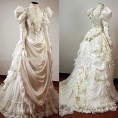 two dresses with ruffles on them are shown in three different angles, one is white and the other is beige