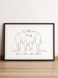 a black and white drawing of a family holding hands