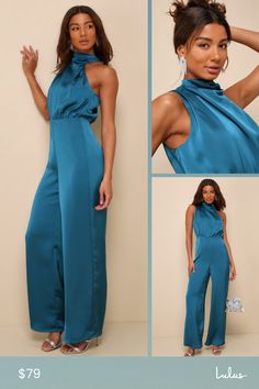 We can assure you that your night will be filled with compliments when you arrive in the Lulus Stunning Promise Teal Green Satin Asymmetrical Wide-Leg Jumpsuit! Feel effortlessly chic in this sleek woven satin jumpsuit that features a trendy mock neckline and a blousy, asymmetrical bodice with intricate gathering. The high, fitted waist sits atop trendy wide pant legs that finish at full-length hems. Top button closure secures atop a keyhole-style cutout at the back. Hidden back zipper/clasp. Fi Chic Satin Jumpsuits And Rompers In Solid Color, Chic Solid Color Satin Jumpsuits And Rompers, Solid Satin Jumpsuits And Rompers For Night Out, Sleeveless Satin Jumpsuit Or Romper, Sleeveless Satin Jumpsuits And Rompers, Sleeveless Solid Color Satin Jumpsuits And Rompers, Elegant One Shoulder Jumpsuit For Going Out, Elegant One-shoulder Jumpsuit For Going Out, Elegant Asymmetrical Jumpsuits And Rompers For Night Out