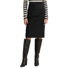 Women's Pencil Skirt By Lauren Ralph Lauren! Black. Double Faced. Button Trim. Size 8. Flat Waist: 16" Flat Hips: 20.5" Hem: 19" Length: 26" 98% Cotton. 2% Elastane. Machine Wash Cold. Only Non-Chlorine Bleach When Needed. Tumble Dry Low. Warm Iron If Needed. 5.24 Knee-length Pencil Skirt With Button Closure For Work, Knee-length Pencil Skirt For Workwear, Cotton Workwear Skirt With Button Zip Fly, High Waist Buttoned Pencil Skirt For Work, Black Pencil Skirt With Button Closure For Work, Black Pencil Skirt With Button Closure, Classic Pencil Skirt With Button Closure, Fall Workwear Skirt With Button Zip Fly, Workwear Skirt With Button Zip Fly For Fall