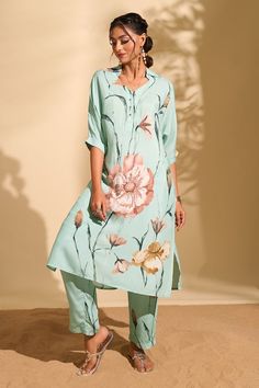 Blue kurta with flower print and bead embroidery. Paired with printed pant. - Aza Fashions Collar Kurta, Blue Kurta, Flower Collar, Satin Color, Pants Pattern, Bead Embroidery, Pant Set, Set For Women, Aza Fashion