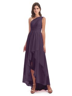 a woman wearing a purple bridesmaid dress with one shoulder and ruffled skirt