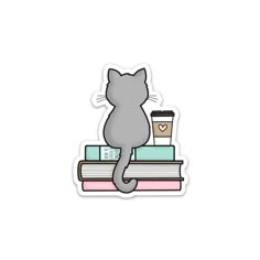 a sticker with a cat sitting on top of books