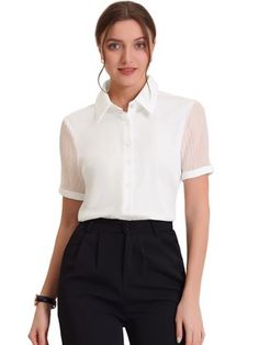 This solid shirt top adds to your choice for the summer. With the design of the point collar and sheer short sleeves, this top can make you look slim. Perfectly pair it with pants or skirts for a work style. Suitable for many occasions, work, formal, business casual, daily wear, casual, weekend gathering, dating, etc. Elegant Half Sleeve Tops For Workwear, Elegant Half Sleeve Summer Blouse, Formal Half Sleeve Tops For Summer, Formal Summer Shirt With Cuffed Sleeves, Summer Formal Shirt With Cuffed Sleeves, Elegant Half Sleeve Summer Shirt, Chic Half Sleeve Office Tops, Chic Half Sleeve Tops For Office, Chic Half Sleeve Formal Blouse