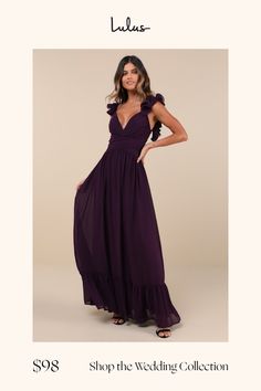 When the cocktails are poured and the music starts playing, you know it's time to slip into the Lulus Soiree Celebration Purple Ruffled Lace-Up Maxi Dress Dress! Airy woven chiffon shapes this romantic gown that has ruffled-adorned straps and a plunging V-neckline, with an open back accented by slender laces. Banded waist has a gathered, crossover design, above a sweeping skirt that falls to a maxi hem. Hidden zipper/clasp at back. Fit: This garment fits true to size. Length: Floor length. Size Romantic Gown, Dress 100, Purple Floral, Hidden Zipper, Crossover, Floor Length, Open Back, Dress Outfits, Chiffon