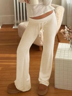 Solid Turned Waist Tie Up Flare Leg Pants - AnotherChill Beige Flare Leggings Outfit, Comfortable Beige Leisure Bottoms, Non-stretch Full Length Bottoms For Loungewear, Casual Non-stretch Pants For Lounging, Spring Lounging Pants Full Length, White Comfortable Pants For Spring, Comfortable White Pants For Spring, Comfortable White Spring Pants, Fitted Leisure Pants For Fall