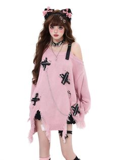 Embrace a dark and edgy aesthetic with our Gothic Crosses Pink Distressed Holes Fringe Hem Sweater. This unique piece features a striking asymmetrical neckline that adds a touch of avant-garde flair. The distressed holes and fringe hem create a rebellious, worn-in look, while the intricate gothic cross design adds a mystical element. Accentuated with a chain detail, this sweater is perfect for those who love to make a bold fashion statement.  Garment Size   	 		 			Size 			S 			M 		 		 			Full L Knitted Leg Warmers, Edgy Aesthetic, Laced Up Shirt, Gothic Crosses, Steampunk Fashion Male, Gothic Skirts, Ruffle Mini Skirt, Hem Sweater, Casual Wide Leg Pants