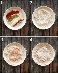 four pictures showing the steps to make a pie crust in a bowl with flour and other ingredients