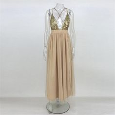 FREE SHIPPING Maxi Dress Sling Evening Deep V-Neck Backless Sequin Patchwork Sexy Elegant Strap Dresses Vestidos JKP1518 Beige Party Dress With Built-in Bra, Gold Backless Summer Dress, Elegant Beige Suspender Dress For Party, Stretch Backless V-neck Dress For Club, Beige Backless Dress For Party, Chic Stretch Party Suspender Dress, Stretch V-neck Backless Dress For Party, Stretch Backless V-neck Dress For Parties, V-neck Suspender Dress For Party