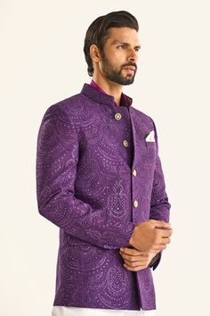 Purple silk bandhgala with all over tonal mandala butti pattern, elevated with embellishments. - Aza Fashions Designer Nehru Jacket For Receptions And Festivals, Designer Nehru Jacket For Festivals And Receptions, Traditional Bandhgala With Zari Weaving For Wedding, Festive Traditional Fit Bandhgala With Cutdana, Wedding Bandhgala With Zari Weaving And Long Sleeves, Wedding Long Sleeve Bandhgala With Zari Weaving, Elegant Sherwani With Zari Weaving For Formal Events, Ceremonial Fitted Sherwani With Zari Weaving, Formal Sherwani With Zari Weaving In Traditional Drape