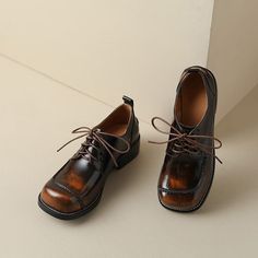 Leather Derby Shoes for Women Round Toe Lace Up Oxford Shoes in Black/Brown Brown Brogue Lace-up Shoes For Office, Elegant Brown Lace-up Shoes For Fall, Vintage Brown Lace-up Business Shoes, Brown Lace-up Shoes For Formal Fall Occasions, Brown Brogue Leather Shoes, Brown Leather Shoes With Brogue Detailing And Pointed Toe, Brown Lace-up Shoes With Flat Heel For Office, Brown Lace-up Business Shoes For Fall, Brown Lace-up Shoes For Business In Fall