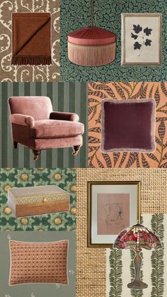 an assortment of furniture and wallpapers in various shades of pink, green, gold and brown