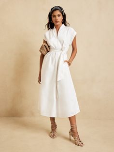 Tie-Waist Midi Shirtdress | Banana Republic Factory Shawl Collar Pattern, Crochet Belt, White Midi, Banana Republic Factory, Collar Pattern, White Tie, Shirtdress, Work Attire, Shawl Collar