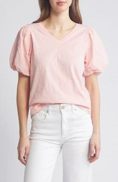 This soft cotton top is designed with a perfectly dipped neckline and eyelet-trimmed puff sleeves. 23" length V-neck Short sleeves 100% cotton Machine wash, tumble dry Imported Casual V-neck Eyelet Blouse, Fitted Cotton V-neck Puff Sleeve Top, Cotton Eyelet V-neck Top, Spring V-neck Tops With Broderie Anglaise, Feminine Cotton V-neck Blouse, Spring Cotton Puff Sleeve Top With Short Sleeves, Spring Eyelet V-neck Top, Spring V-neck Eyelet Top, Fitted Cotton V-neck Top For Spring