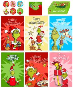 six christmas greeting cards with the grin's characters in different colors and designs on them