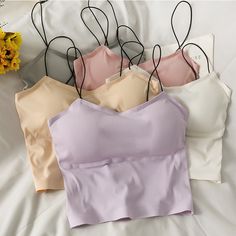 Sexy Spaghetti Strap Tanke Top Women Built In Bra Off Shoulder Solid Color Crop Tops Sleeveless Omighty Slim Fit Camisole Hot Camisole Top Outfit, Seamless Top, Sewing Tutorials Clothes, Colorful Crop Tops, Early Spring Outfits, Current Fashion Trends, Petite Outfits, Spring Outfits Casual, Top Women