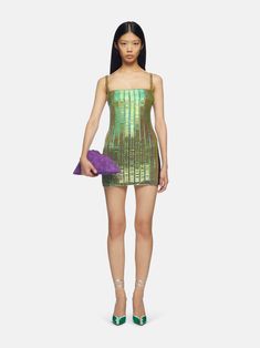 THE ATTICO ''Rue'' iridescent green mini dress Glamorous Green Sequin Cocktail Dress, Glamorous Green Sequin Dress For Cocktail, Green Sequin Dress For Night Out, Green Sequin Dress For Night Out Party, Green Mini Sequin Party Dress, Green Mini Sequin Dress For Party, Green Mini Dress For Beach Party, Green Mini Length Mini Dress For Party, Glamorous Green Mini Dress For Cocktail