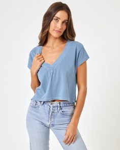 Offshore | Model: Anna (size: S) Soft-washed Crew Neck Short Sleeve Top, Beach-style Short Sleeve Washed Tops, Relaxed Fit Washed Blue Pre-washed Top, Relaxed Fit Washed Blue Short Sleeve T-shirt, Blue Pre-washed Short Sleeve T-shirt, L Space, Designer Outfits Woman, West Coast, Perfect Fit