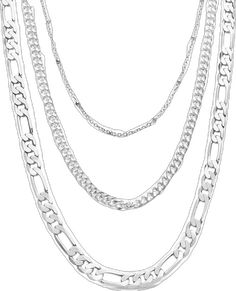 Trendy Multi-strand Chunky Chain Jewelry, Elegant Silver Layered Figaro Chain Necklace, Silver Double Strand Chain Necklace For Everyday, Silver Chunky Multi-strand Necklace, Everyday Silver Double Strand Chain Necklace, Multi-strand Figaro Chain Necklaces For Layering, Trendy Multi-strand Layered Chain Necklace, Trendy Silver Jewelry With Figaro Chain, Silver Chain Necklaces For Layering