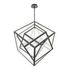 a black and white geometric light fixture hanging from the ceiling with an open square design