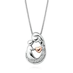 Sterling silver mother and baby pendant with a 14K rose gold heart and 12 round single cut diamond accents 18 inch sterling silver box chain SKU: 2057982 Box Chain Necklace For Mother's Day Anniversary, Mother's Day Anniversary Box Chain Necklace, Silver Jewelry With Diamond Accents For Mom, Mother's Day Rose Gold Jewelry With Diamond Accents, Mother's Day Jewelry With Diamond Accents, Diamond Necklace Jewelry, Beautiful Diamond Necklace, Silver Diamond Jewelry, I Am Loved