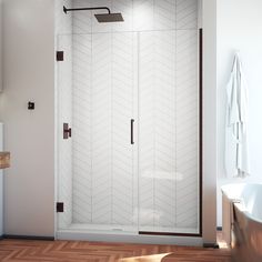 The DreamLine Unidoor Plus is a frameless hinged shower door or enclosure that is perfectly designed for today’s contemporary trends. With modern appeal and sleek clean lines, the Unidoor Plus adds a touch of timeless style to any bathroom space. DreamLine exclusive ClearMax water repellant and stain resistant glass coating adds superior protection from stains and is nearly maintenance-free. Unidoor Plus is part of the DreamLine Unidoor collection, the most versatile line of shower doors and enclosures on the market. Whatever your needs, DreamLine has the ultimate solution for your shower project! DreamLine Unidoor Plus Oil Rubbed Bronze 49-in to 49-1/2-in W x 72-in H Frameless Hinged Shower Door | SHDR-244907210-06 Hinged Shower Door, Shower Door Designs, Black Shower Doors, Frameless Hinged Shower Door, Modern Tub, Frameless Shower Door, Bathtub Doors, Tub Doors, Tub Shower Doors