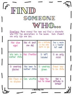 a game board with words that say find someone who