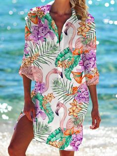 Summer Long Sleeve Beach Dress For Party, Long Sleeve Summer Beach Dress For Party, Summer Long Sleeve Printed Beach Dress, Long Sleeve Printed Beach Dress For Summer, Printed Long Sleeve Beach Dress For Summer, Long-sleeved Floral Beach Dress, Holiday Beachwear Dresses With Long Sleeves, Long Sleeve Floral Beach Dress, Spring Party Long Sleeve Beach Dress