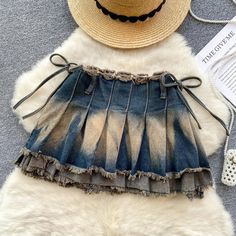 Distressed Denim High-Waist Pleated Mini Skirt Skirt Korean, High Waisted Denim Skirt, Korean Streetwear, Casual Night Out, Backless Mini Dress, Mini Dresses For Women, Streetwear Style, Halter Mini Dress, Chic Sundress