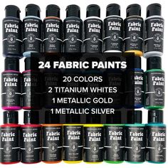 24 different colors of metallic paint are shown in this graphic style, with the words fabric paint