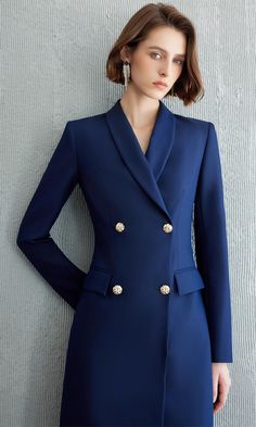 Exude Confidence with the Navy Double-Breasted Blazer Dress Step into a world of refined elegance with our Navy Double-Breasted Blazer Dress—the epitome of power dressing for the modern woman. This dress combines the sharp tailoring of a blazer with the femininity of a dress, creating a look that is both authoritative and elegant. Crafted from high-quality fabric, it features a sleek navy hue, structured shoulders, and gold-tone buttons that add a touch of luxury. The long sleeves and tailored f Formal Dress With Blazer, Blazer Dress Pattern, Dress With Blazer, Sharp Shoulders, Exude Confidence, Power Dressing, Breasted Blazer, Double Breasted Blazer, The Navy