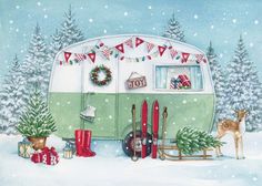 a painting of a camper in the snow with christmas decorations