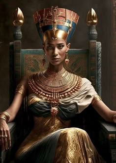 an egyptian woman sitting in a chair with gold jewelry