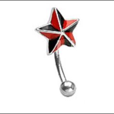 a red, black and white star belly ring with a ball in the middle is shown