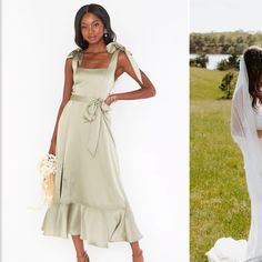 two women dressed in wedding clothes and one wearing a dress with bow at the waist