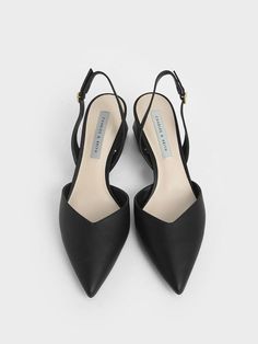 Black Trapeze Heel Slingback Pumps Charles And Keith Shoes, Classy Shoe, Shoe Silhouette, Medium Heel Shoes, Chiffon Sleeveless Top, Workwear Chic, Quilted Top, Classy Shoes, Faux Leather Heels