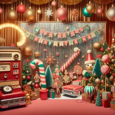 a christmas scene with an old fashioned radio, candy canes and other holiday decorations