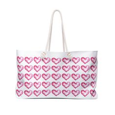 "Unique and Colorful Original Watercolor Multiple Pink Hearts Design Print In White and Pink Tote Bag, Unisex Shopping Bag or Weekender Tote Bag for Women and Men Add some color to your everyday chores, and enjoy an original art printed tote bag made by me, a high-quality and long-lasting weekender tote bag to fit all you need for the holiday season weekend out of your home. It is perfect for a weekend away, your daily shopping in the market, or a quick stop at the cafe with your bestie. This unisex weekender tote is just the perfect addition to your accessories. This practical, high-quality Tote Bag is available in 24\" x13\" large yet comfortable size. All-over print provides comfort with style. Made from reliable materials, and lasts for seasons. Buy this colorful and unique weekend tot Rectangular Bags For Daily Use On Valentine's Day, Pink Bags For Everyday And Valentine's Day, Everyday Pink Bags For Valentine's Day, Valentine's Day Bags With Adjustable Strap For Everyday Use, White Rectangular Bags For Valentine's Day, White Heart Print Bag As A Gift, White Gift Bag For Valentine's Day, Rectangular Bags With Heart Print For Daily Use, Large Capacity Heart-shaped Bag For Everyday Use