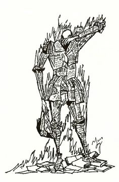 a black and white drawing of a man with arms outstretched