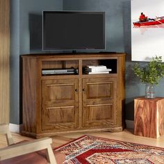 a flat screen tv sitting on top of a wooden entertainment center next to a rug