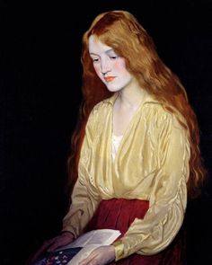 a painting of a woman with long red hair holding an open book in her hands