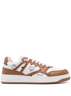 white/cognac brown calf leather grained texture signature Visetos print panelled design perforated toebox logo patch at the tongue branded heel counter logo-embossed at the sole round toe front lace-up fastening branded leather insole flat rubber sole This piece comes complete with a protective dust bag. Men's Journal, Brown Sneakers, Sneakers White, Leather Sneakers, Cognac, Patch Logo, Calf Leather, Derby, Rubber Sole