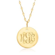 Ross-Simons - Italian 14kt Yellow Gold Personalized Disc Necklace. 18". Make it personal! Shining in polished 14kt yellow gold, this stylish disc pendant necklace can be personalized with a single initial or monogram in script (shown) or block type. FREE engraving. Suspends from a Lumachina chain with a 2" extender. Made in Italy. Springring clasp, 14kt yellow gold disc pendant necklace. Monogram Pendant Necklace, Monogram Necklace Gold, Gold Disc Necklace, Monogram Pendant, Gold Disc, Circle Pendant Necklace, Gold Monogram, Gold Charm Necklace, Monogram Necklace