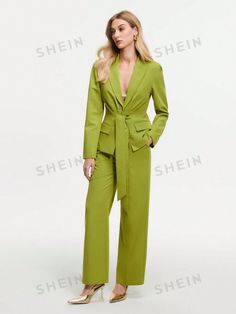 Free Returns ✓ Free Shipping✓. SHEIN BIZwear Ladies' Sharp Point Collar Long Sleeve Blazer And Pants Suit Set- Women Suit Sets at SHEIN. Gold Tuxedo, Tuxedo Women, Satin Blazer, Green Suit, Pants Suit, Inspo Outfit, Long Sleeve Blazers, Kpop Fashion Outfits, Suit Set