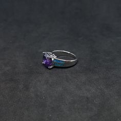 Size 6 1/4 Two Stripes 10 mm round Amethyst Blue Fire Opal sterling silver ring Handmade in USA Purple Halo Setting Round Rings, Round Amethyst Gemstones With Halo Setting, Amethyst Ring With Halo Setting, Purple Jewelry With Round Center Stone, Purple Round Jewelry With Center Stone, Purple Jewelry With Center Stone, Round Shape, Amethyst Gemstones With Halo Setting, Purple Birthstone Ring With Center Stone And Round Shape, Formal Purple Birthstone Ring With Round Stone