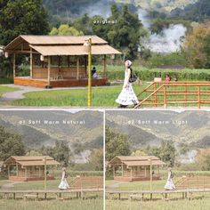 two pictures of a woman walking in front of a wooden structure and another photo of a person standing outside