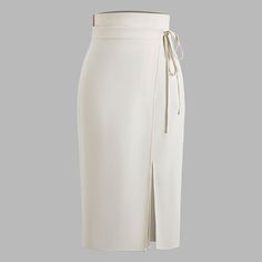 Composition:100%Polyester White Relaxed Fit Midi Pencil Skirt, White Midi Length Pencil Skirt For Summer, White Midi Length Formal Skirt, White Formal Midi Skirt, Elegant Beige Asymmetrical Skirt, White Formal Midi Length Skirt, White Summer Pencil Skirt For Workwear, White Pencil Skirt For Spring Workwear, Fitted White Midi Skirt