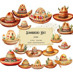 sombrero hats with flowers and cactuses on them are featured in this watercolor painting